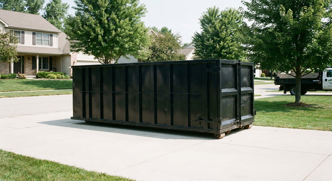 Matte-black 20-yard roll-off dumpster sitting level on a clean South Bend residential concrete driveway under bright daylight, demonstrating clean placement directly on the concrete.